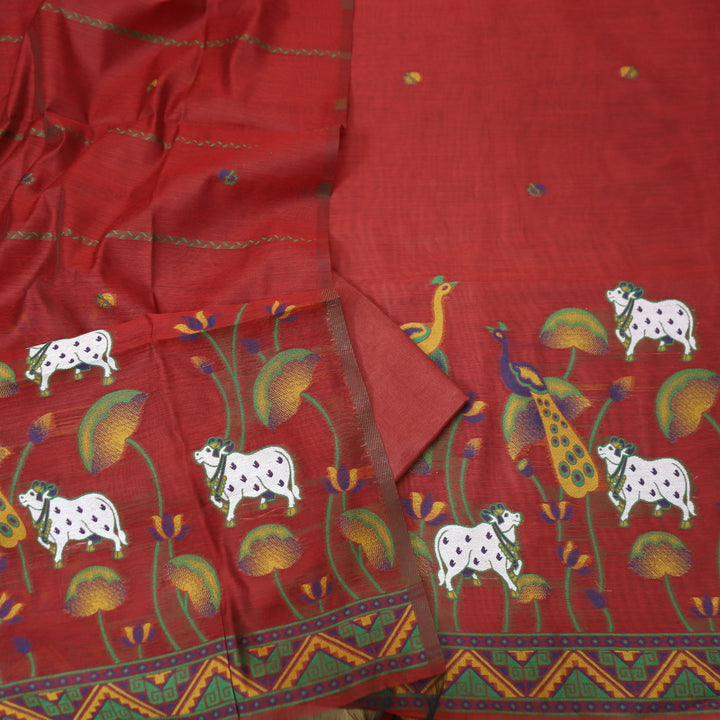 Hamraavi Berry Red with All Over Authentic Pichwai Jamdani Weaved Hem Suit Set