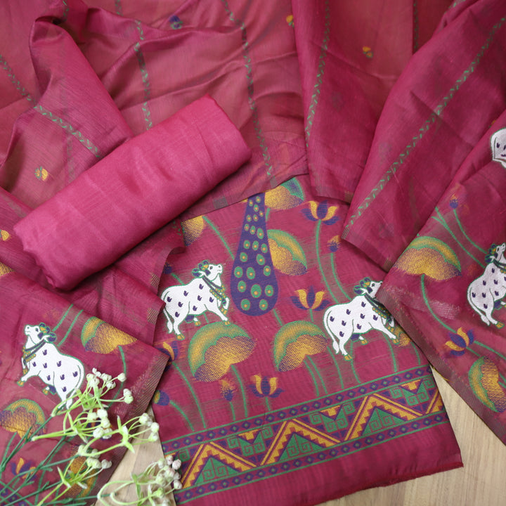 Hamraavi Magenta Pink with All Over Authentic Pichwai Jamdani Weaved Hem Suit Set