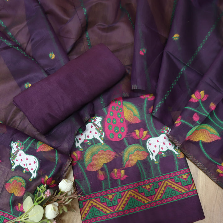 Hamraavi Eggplant Purple with All Over Authentic Pichwai Jamdani Weaved Hem Suit Set