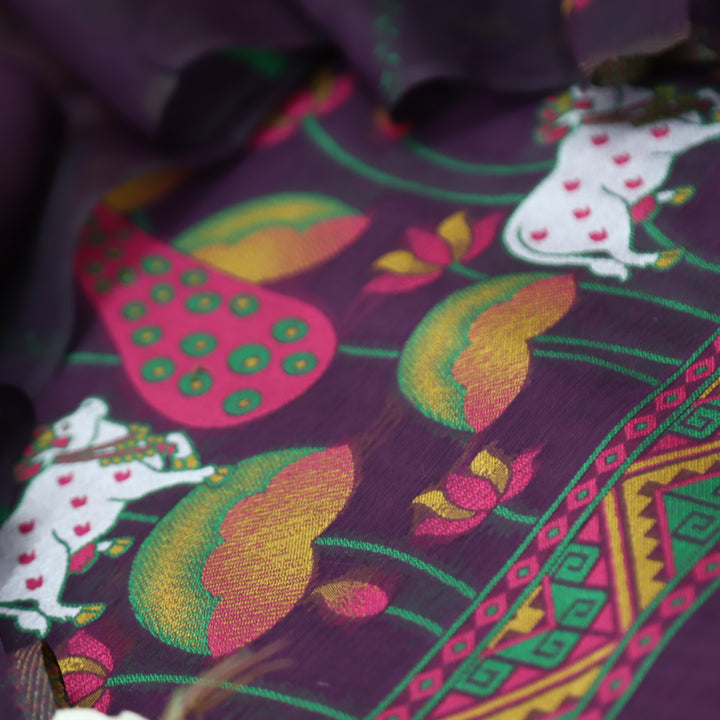 Hamraavi Eggplant Purple with All Over Authentic Pichwai Jamdani Weaved Hem Suit Set