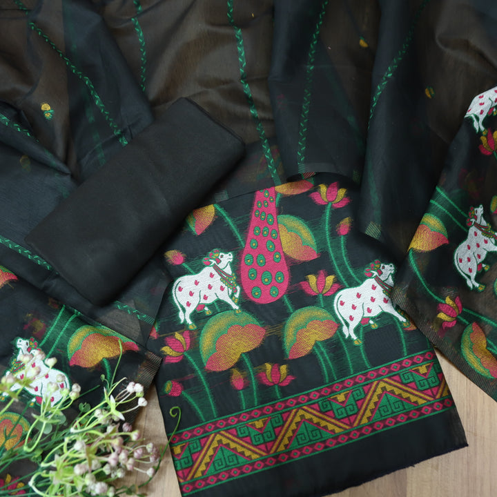 Hamraavi Ebony Black with All Over Authentic Pichwai Jamdani Weaved Hem Suit Set