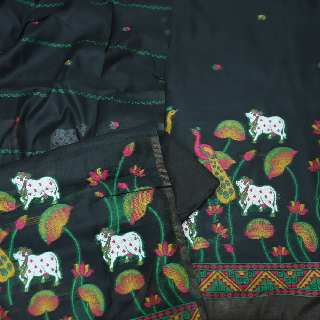 Hamraavi Ebony Black with All Over Authentic Pichwai Jamdani Weaved Hem Suit Set