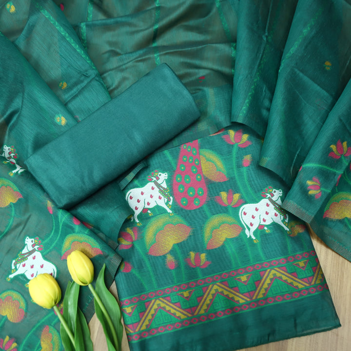 Hamraavi Emerald Teal with All Over Authentic Pichwai Jamdani Weaved Hem Suit Set
