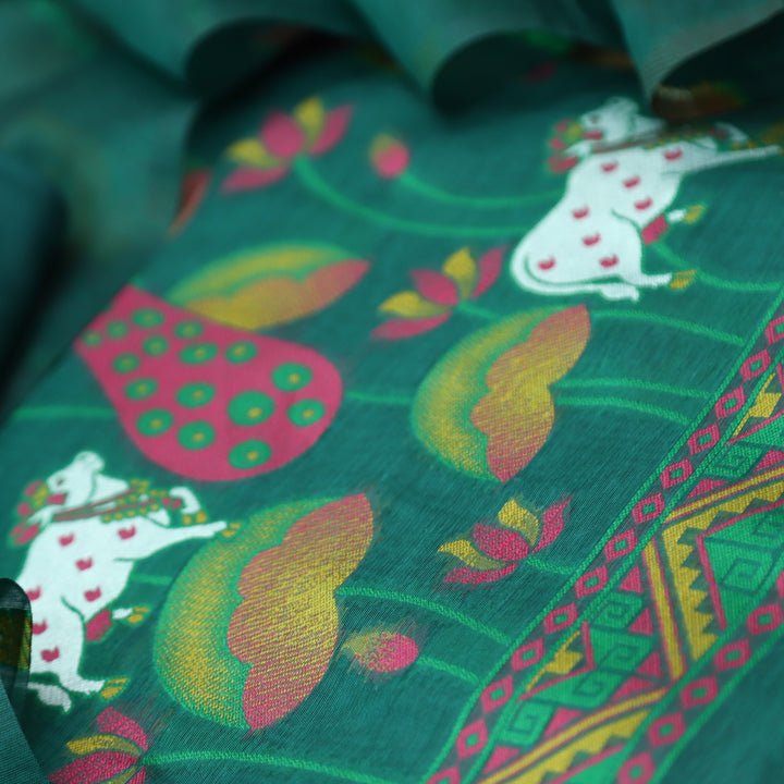 Hamraavi Emerald Teal with All Over Authentic Pichwai Jamdani Weaved Hem Suit Set