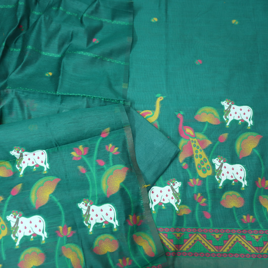 Hamraavi Emerald Teal with All Over Authentic Pichwai Jamdani Weaved Hem Suit Set