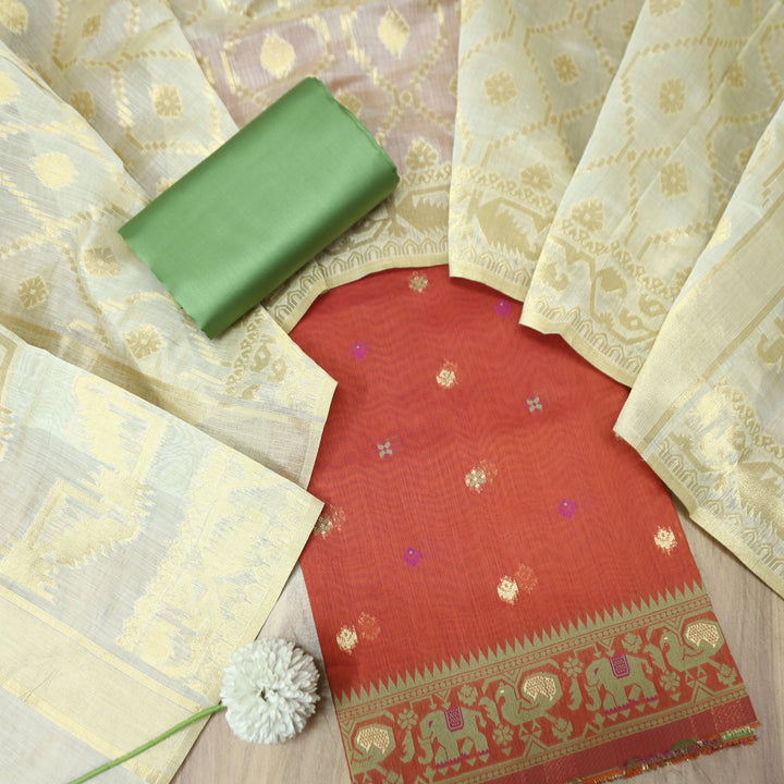 Janabeali Rust Pumpkin with All Over Authentic Jamdani Weaved Hem Suit Set