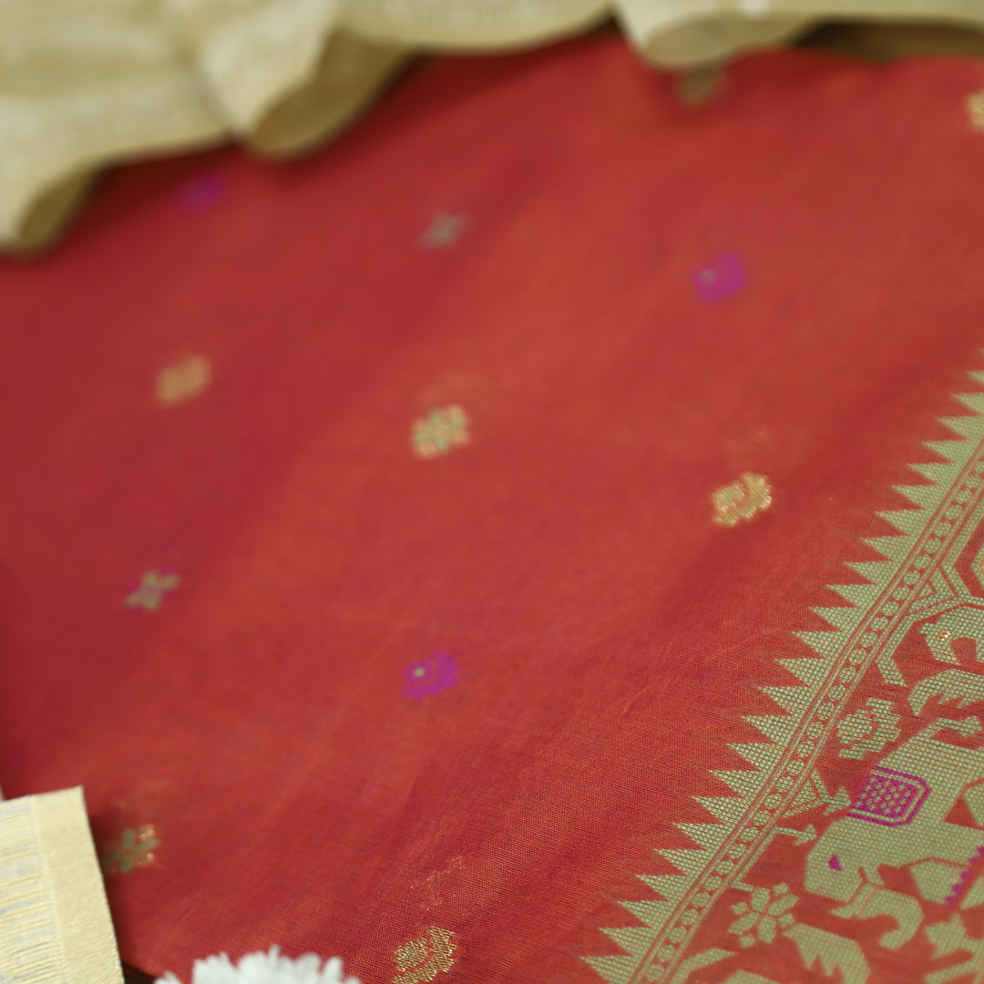 Janabeali Rust Pumpkin with All Over Authentic Jamdani Weaved Hem Suit Set
