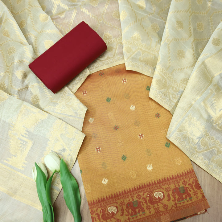 Janabeali Peanut Beige with All Over Authentic Jamdani Weaved Hem Suit Set