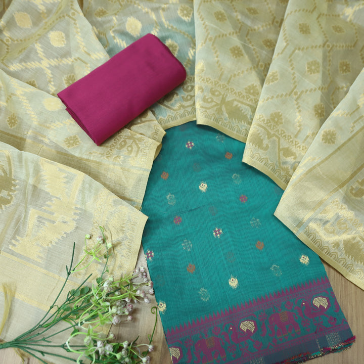 Janabeali Teal Blue with All Over Authentic Jamdani Weaved Hem Suit Set
