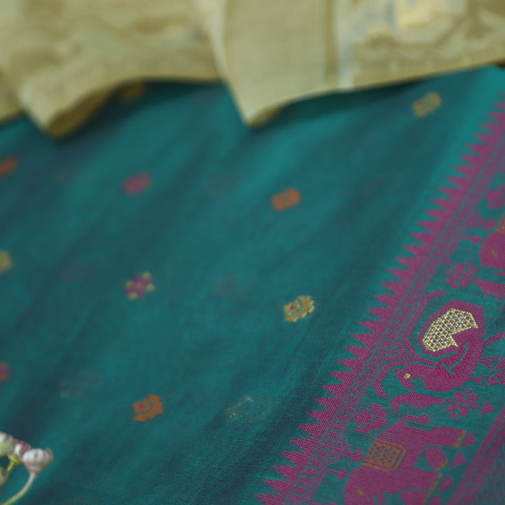 Janabeali Teal Blue with All Over Authentic Jamdani Weaved Hem Suit Set