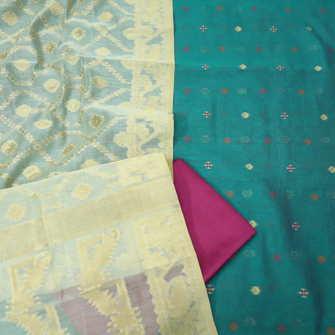 Janabeali Teal Blue with All Over Authentic Jamdani Weaved Hem Suit Set