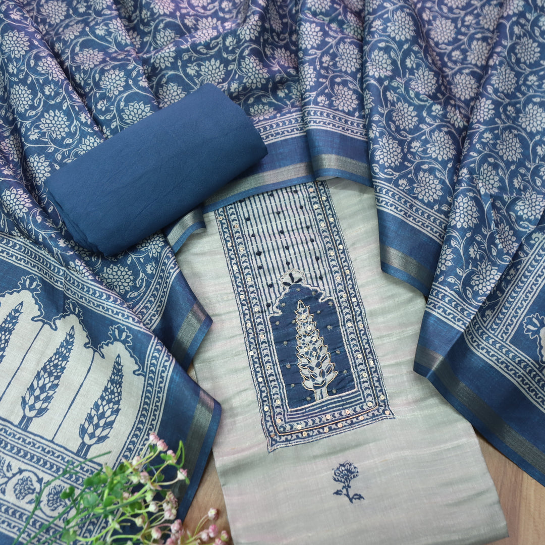 Reshmi Sky Grey in Blue Digital Printed Yoke with Zari and Knot Work Art Silk Chanderi Set