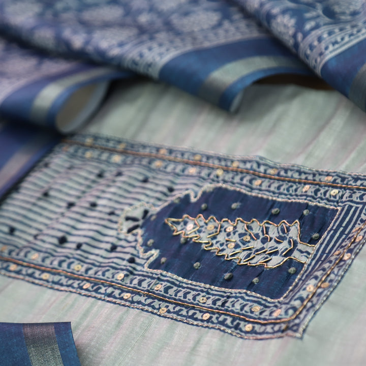 Reshmi Sky Grey in Blue Digital Printed Yoke with Zari and Knot Work Art Silk Chanderi Set