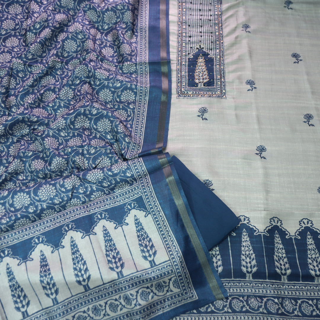 Reshmi Sky Grey in Blue Digital Printed Yoke with Zari and Knot Work Art Silk Chanderi Set