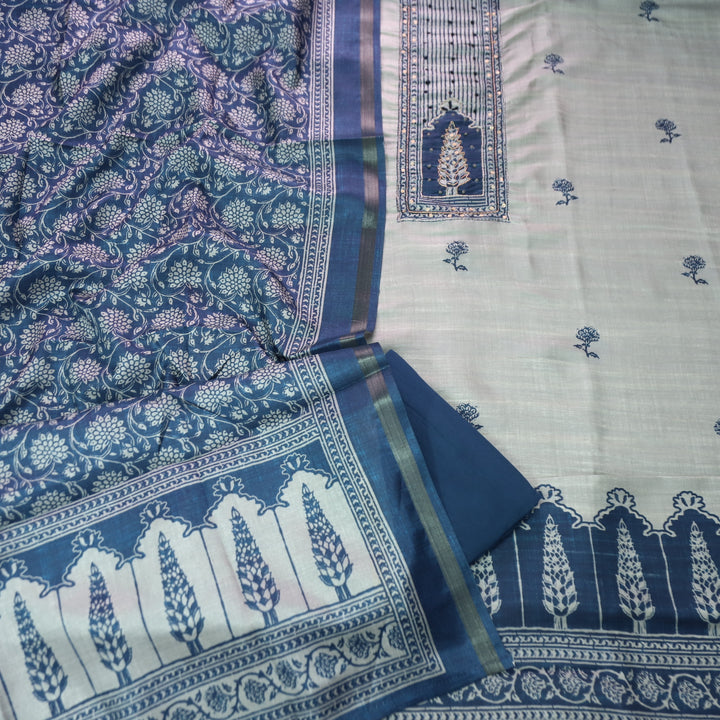 Reshmi Sky Grey in Blue Digital Printed Yoke with Zari and Knot Work Art Silk Chanderi Set