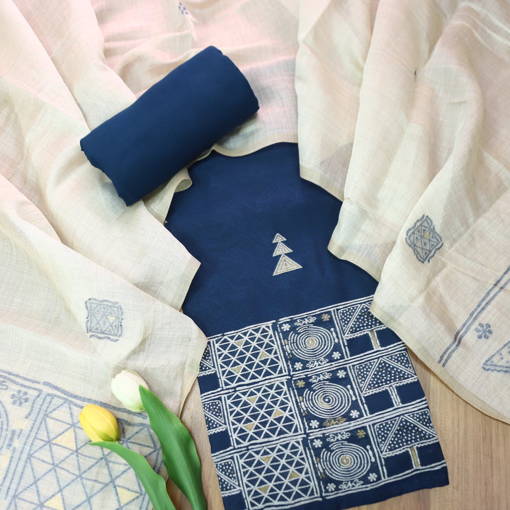 Jannat Navy Blue All Over Self Weaved Work in Authentic Jamdani Chanderi Set