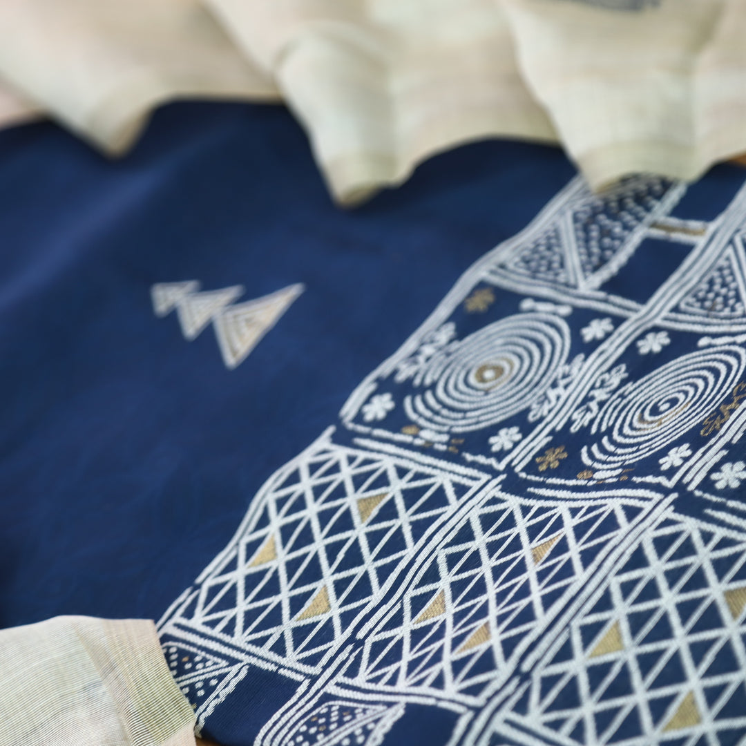 Jannat Navy Blue All Over Self Weaved Work in Authentic Jamdani Chanderi Set