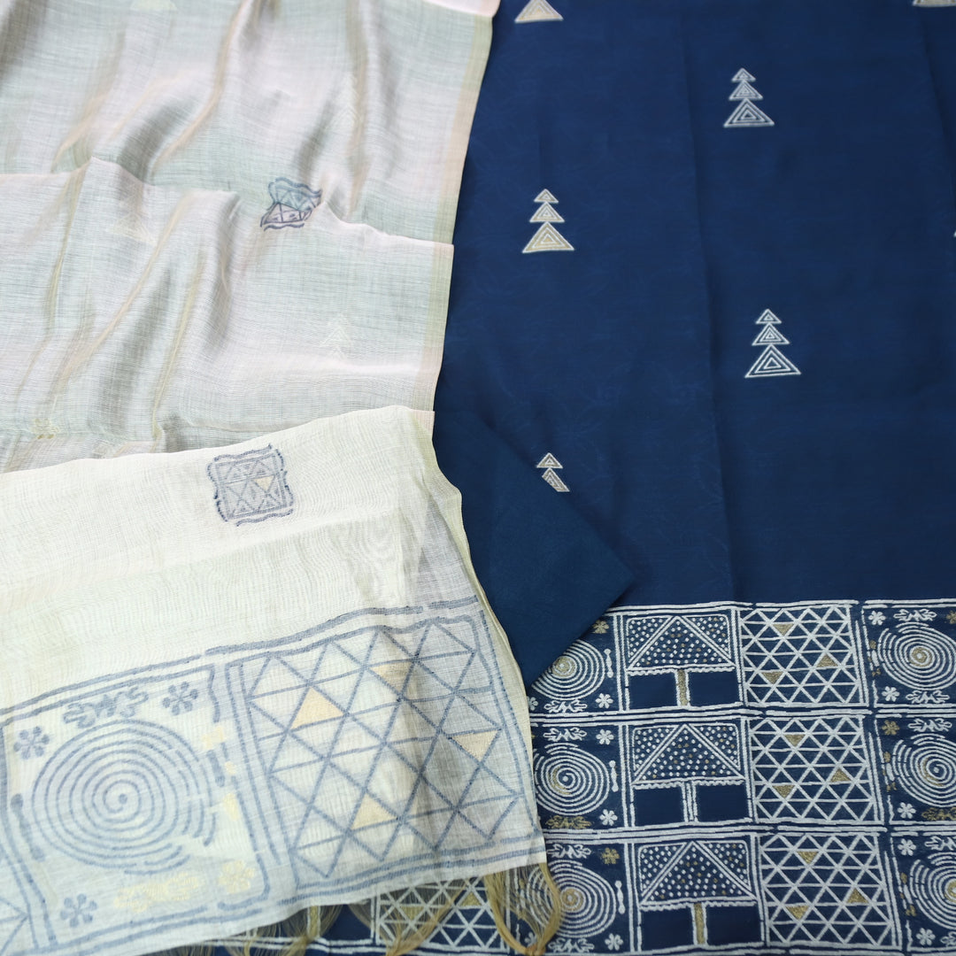 Jannat Navy Blue All Over Self Weaved Work in Authentic Jamdani Chanderi Set