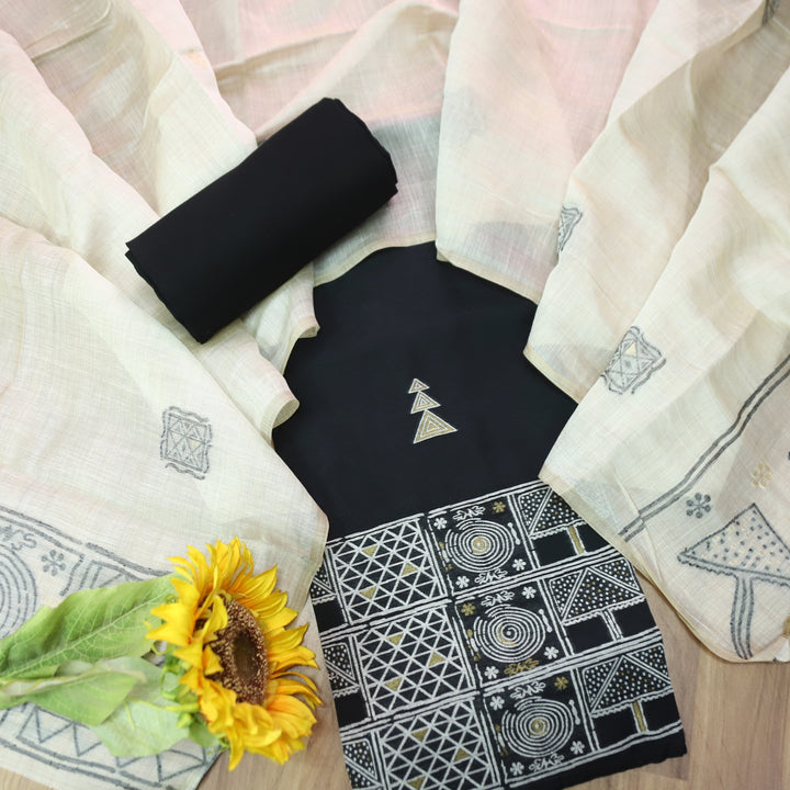 Jannat Oil Black All Over Self Weaved Work in Authentic Jamdani Chanderi Set
