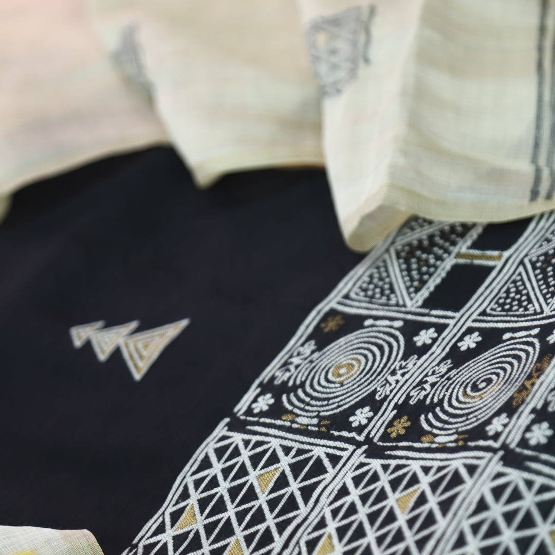 Jannat Oil Black All Over Self Weaved Work in Authentic Jamdani Chanderi Set