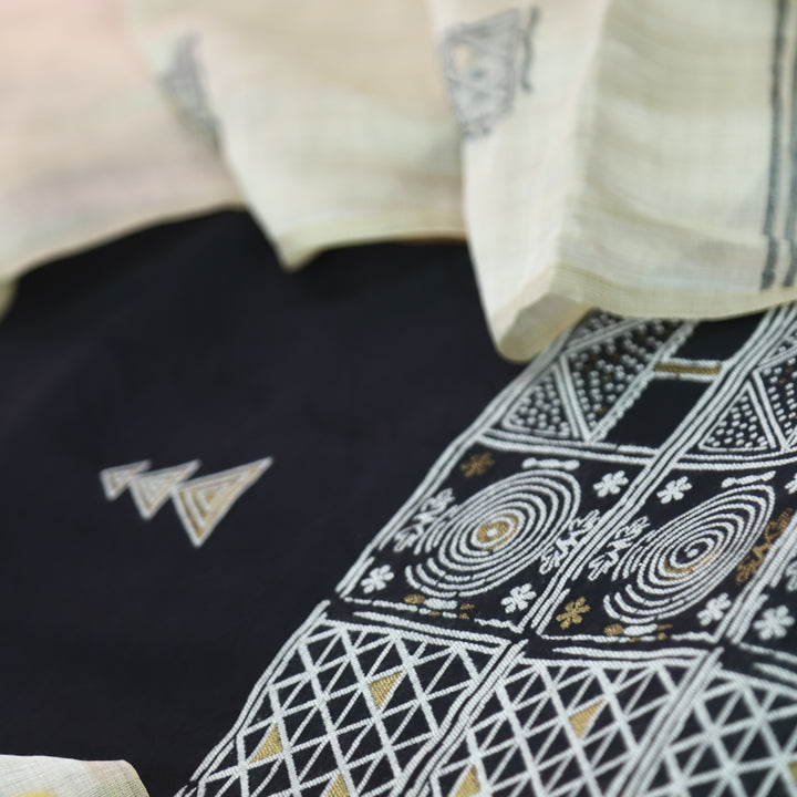 Jannat Oil Black All Over Self Weaved Work in Authentic Jamdani Chanderi Set