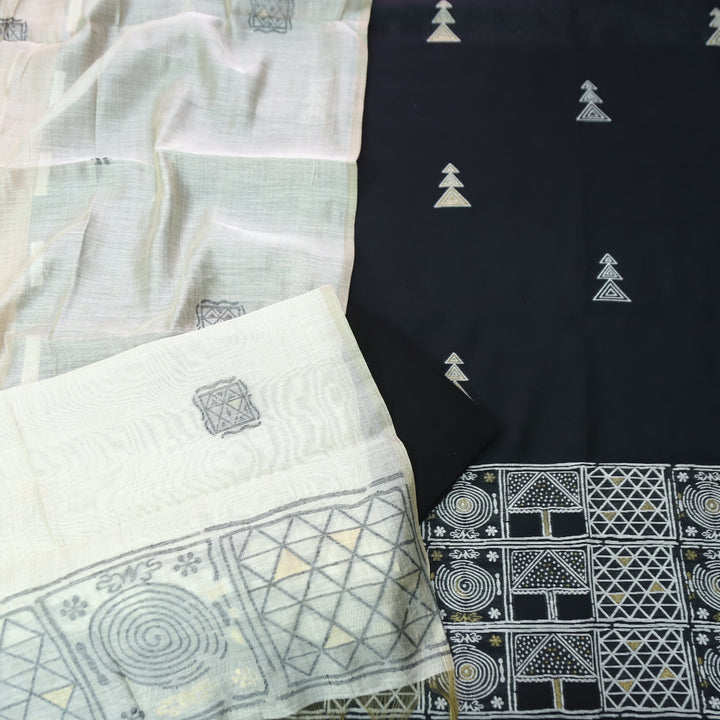 Jannat Oil Black All Over Self Weaved Work in Authentic Jamdani Chanderi Set