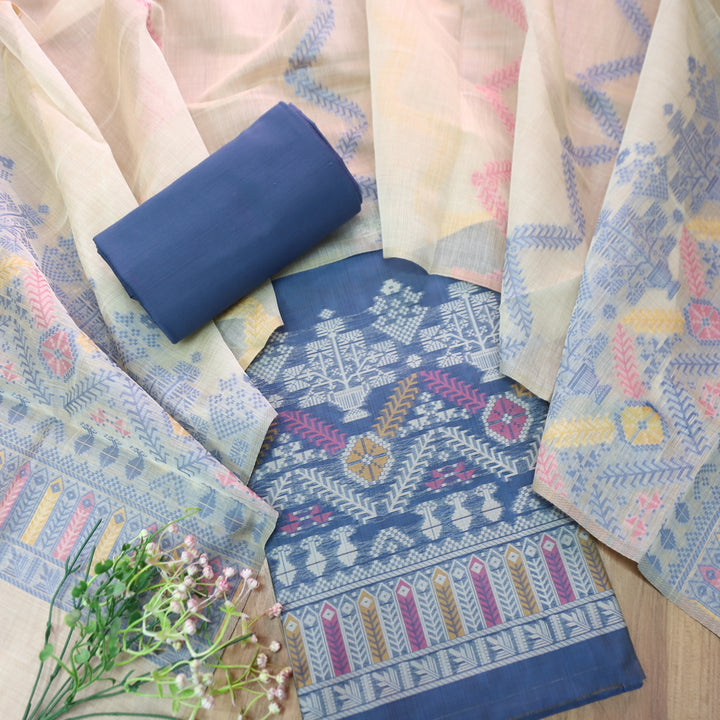 Aisha Cerulean Blue with All Over Authentic Jamdani Weaved On Hem Suit Set