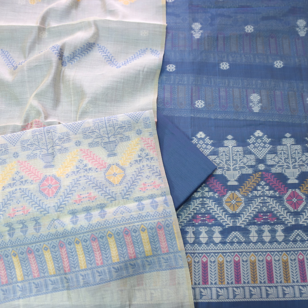 Aisha Cerulean Blue with All Over Authentic Jamdani Weaved On Hem Suit Set