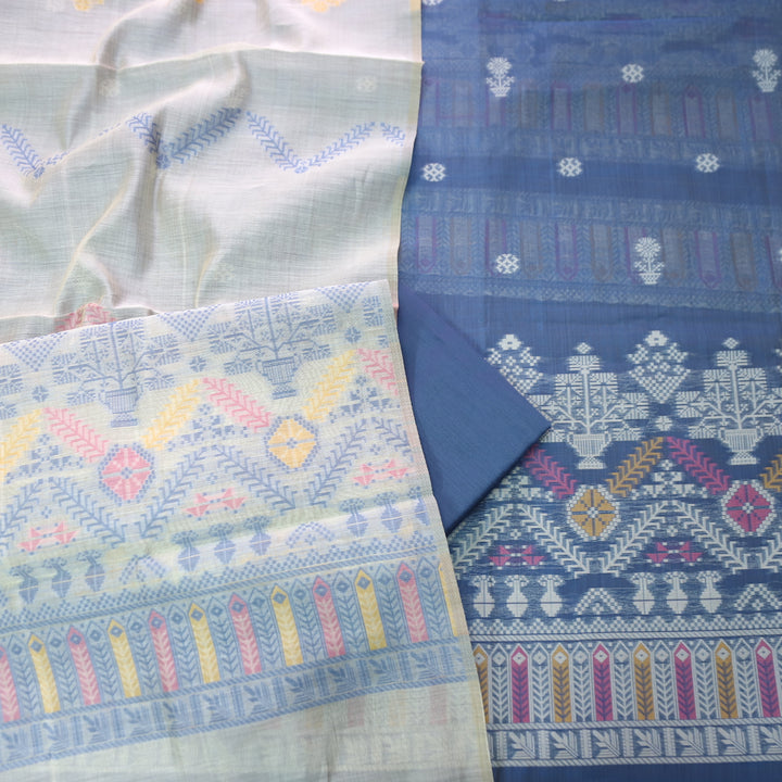 Aisha Cerulean Blue with All Over Authentic Jamdani Weaved On Hem Suit Set