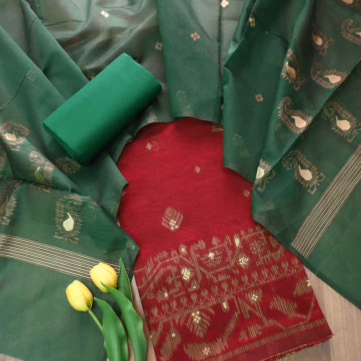 Visha Berry Red with All Over Authentic Jamdani Weaved On Hem Suit Set