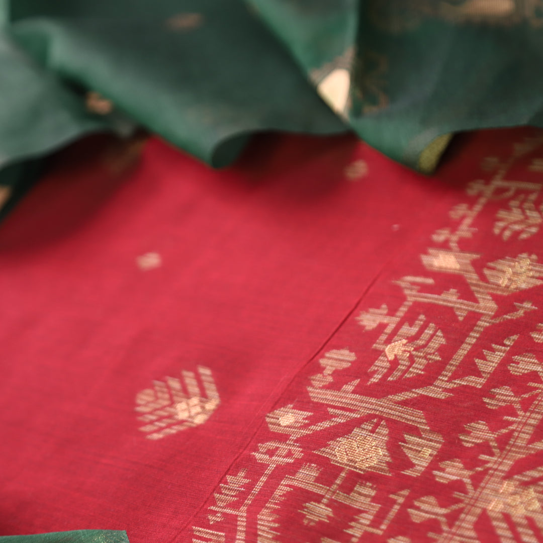 Visha Berry Red with All Over Authentic Jamdani Weaved On Hem Suit Set