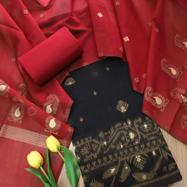 Visha Ebony Black with All Over Authentic Jamdani Weaved On Hem Suit Set