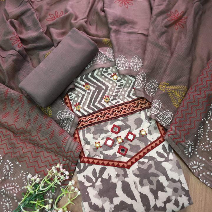 Khairiyat Sand Beige  Kutch Style Yok with Mirror Work Dabu Printed Cotton Set D1