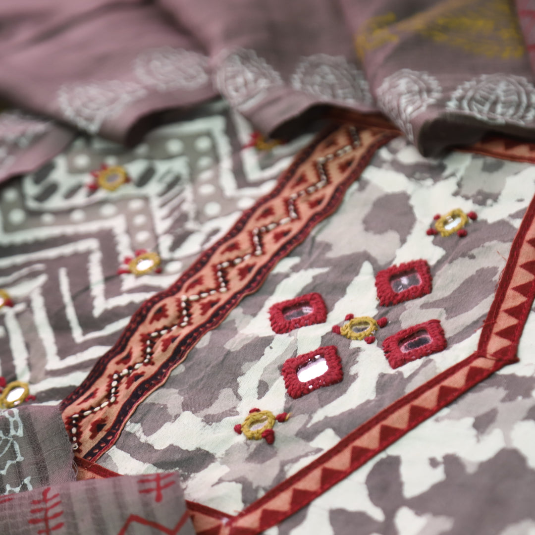 Khairiyat Sand Beige  Kutch Style Yok with Mirror Work Dabu Printed Cotton Set D1