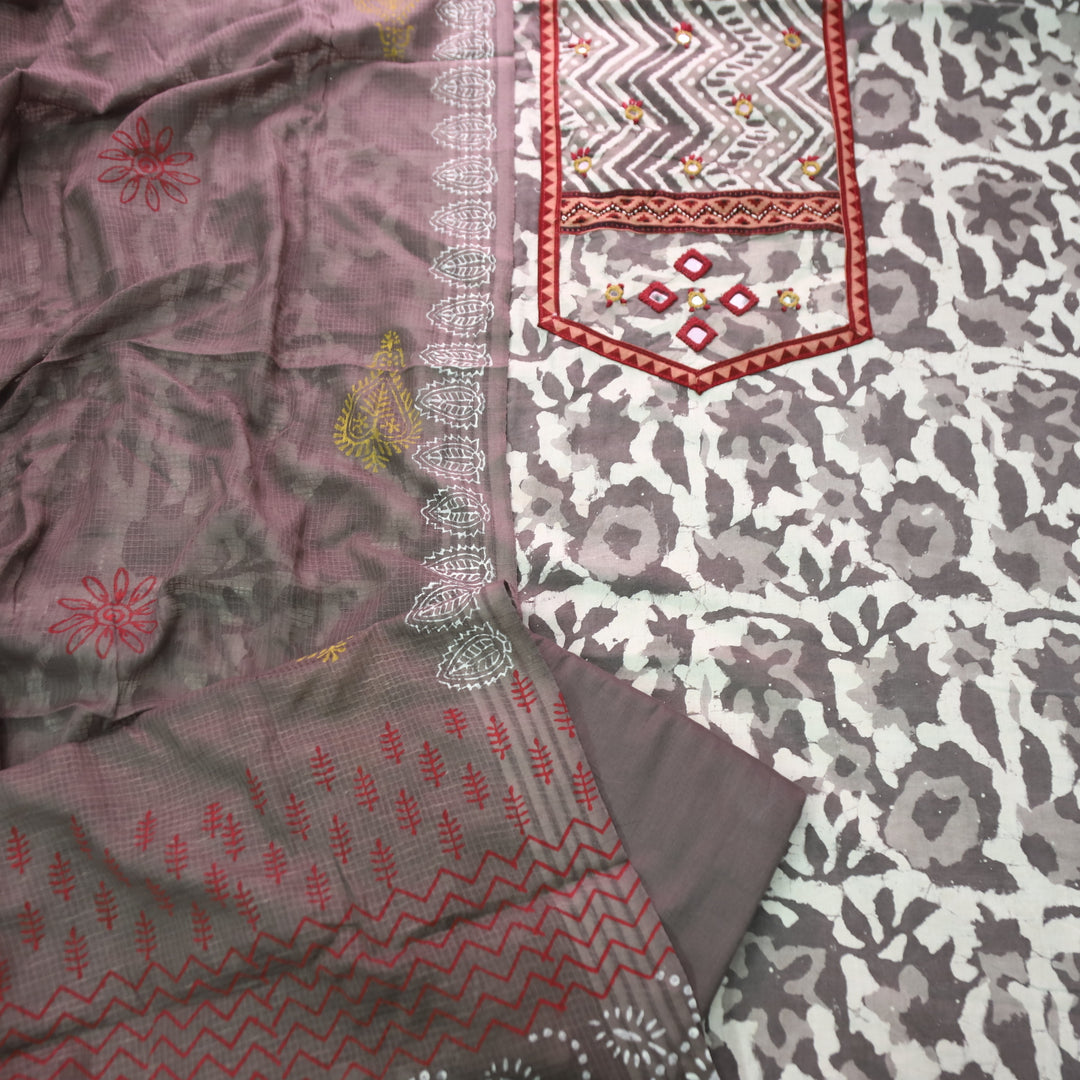 Khairiyat Sand Beige  Kutch Style Yok with Mirror Work Dabu Printed Cotton Set D1