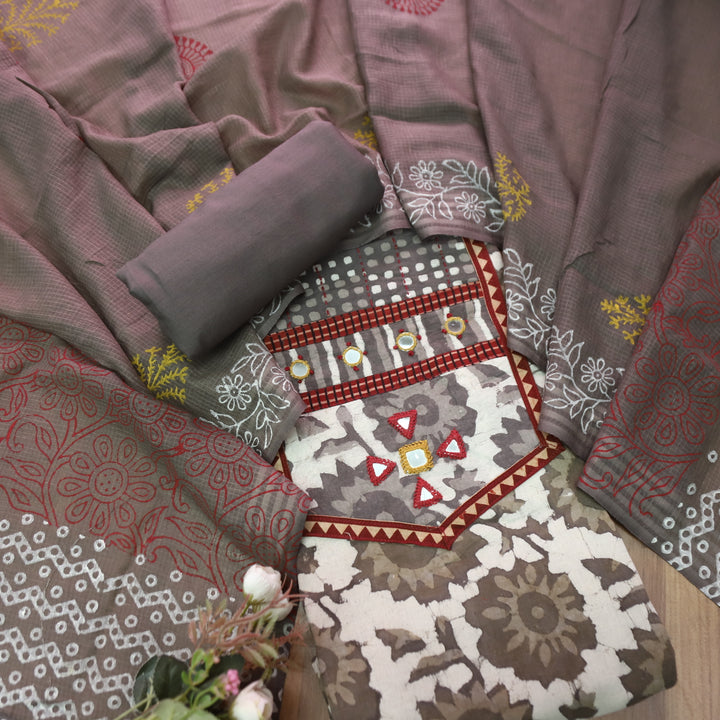 Khairiyat Sand Beige  Kutch Style Yok with Mirror Work Dabu Printed Cotton Set D2