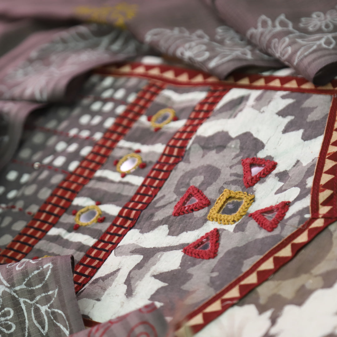 Khairiyat Sand Beige  Kutch Style Yok with Mirror Work Dabu Printed Cotton Set D2