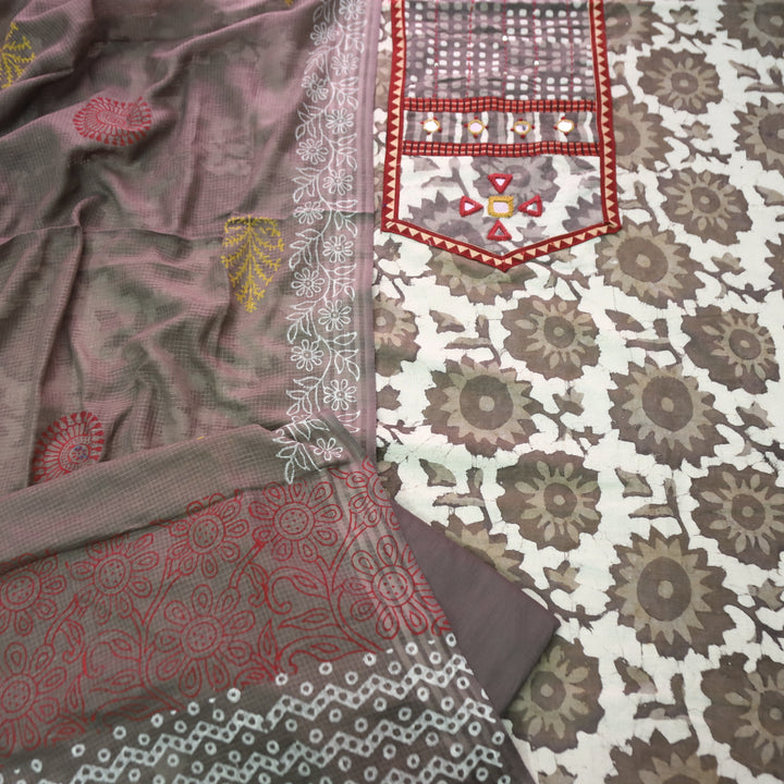 Khairiyat Sand Beige  Kutch Style Yok with Mirror Work Dabu Printed Cotton Set D2