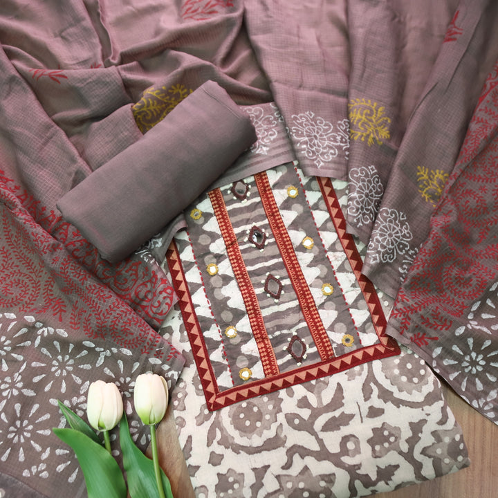 Khairiyat Sand Beige  Kutch Style Yok with Mirror Work Dabu Printed Cotton Set D3