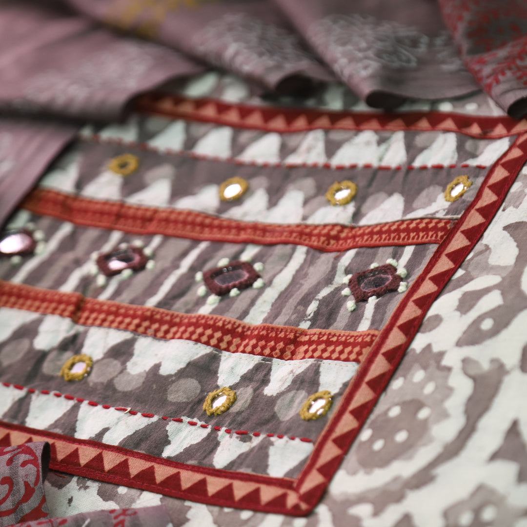 Khairiyat Sand Beige  Kutch Style Yok with Mirror Work Dabu Printed Cotton Set D3
