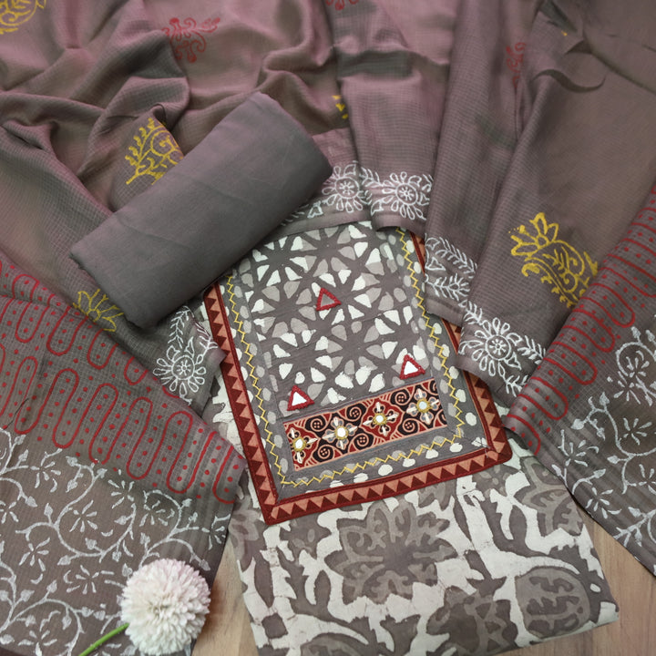 Khairiyat Sand Beige  Kutch Style Yok with Mirror Work Dabu Printed Cotton Set D4