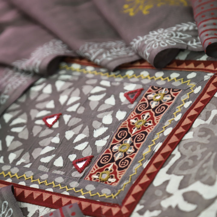 Khairiyat Sand Beige  Kutch Style Yok with Mirror Work Dabu Printed Cotton Set D4