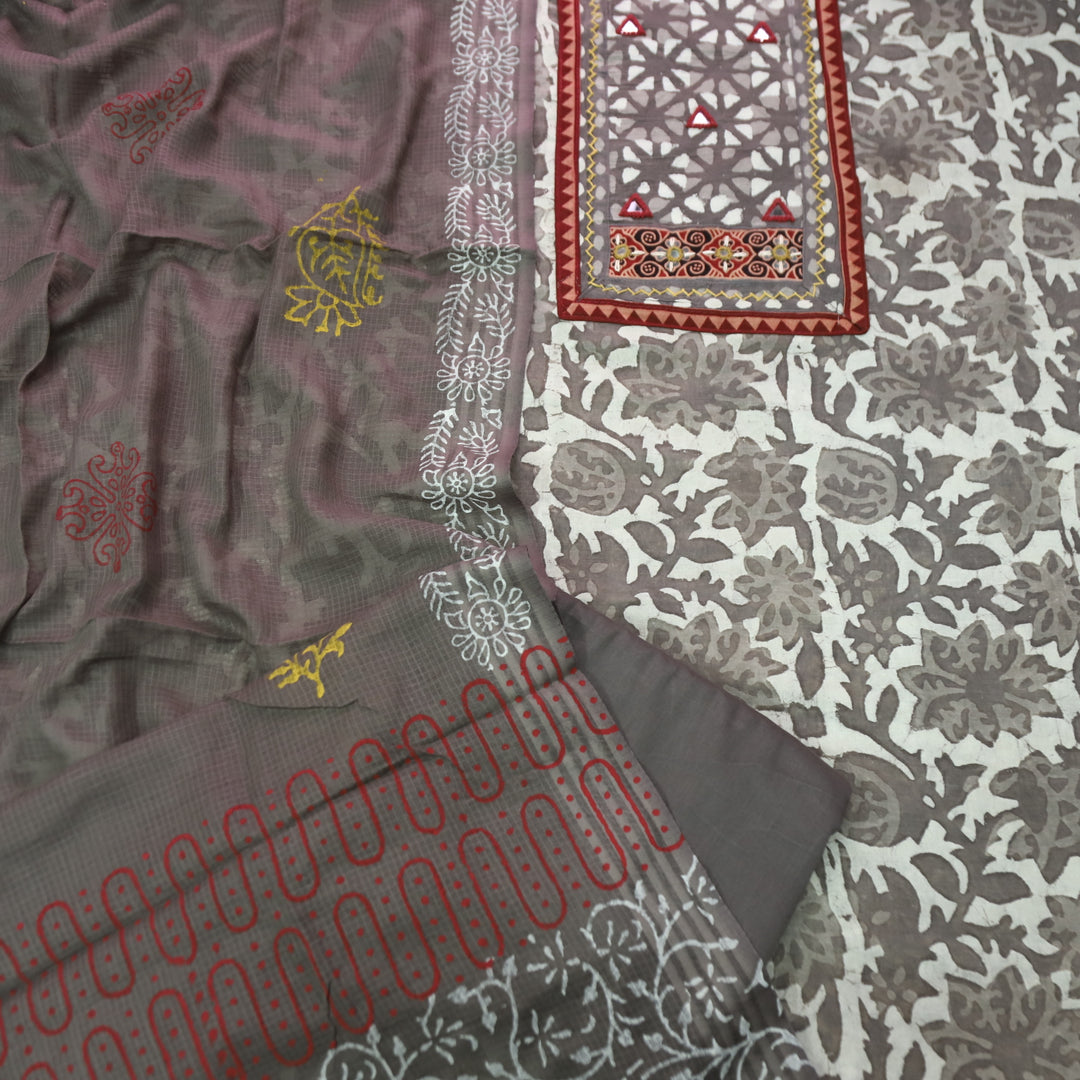 Khairiyat Sand Beige  Kutch Style Yok with Mirror Work Dabu Printed Cotton Set D4