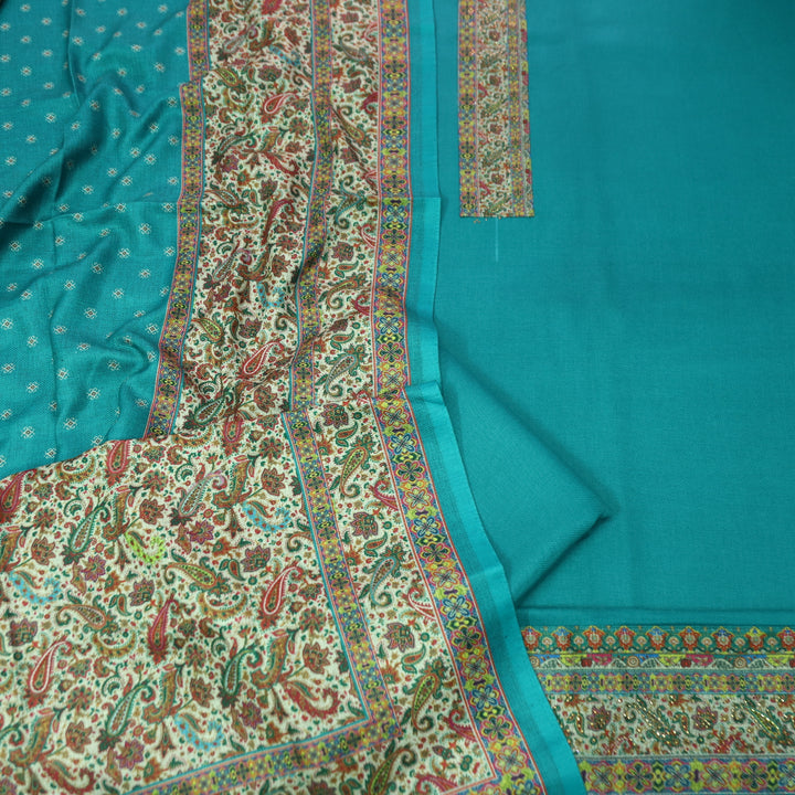 आरुषि Aqua Teal Intricated Digital Print Hemline in Semi Pashmina Winter Set