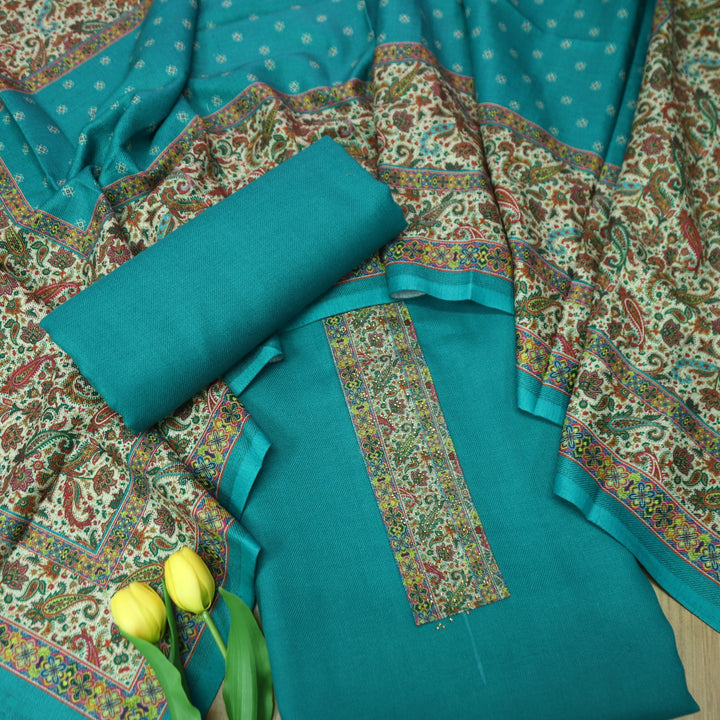 आरुषि Aqua Teal Intricated Digital Print Hemline in Semi Pashmina Winter Set