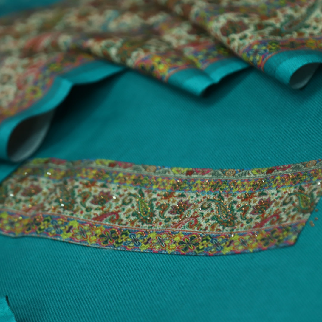 आरुषि Aqua Teal Intricated Digital Print Hemline in Semi Pashmina Winter Set