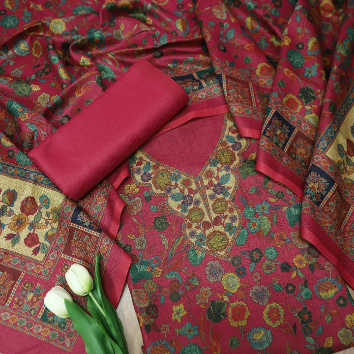 दर्शनी Magenta Pink in Elegant Digital Printed All Over Semi Pashmina Winter Set