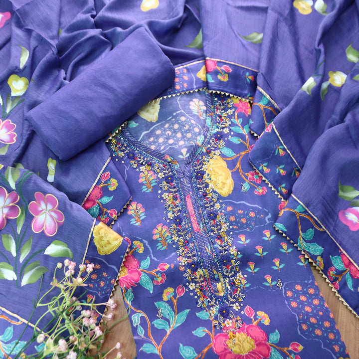 Maya Electric Blue Kardana Embellish Neck Work in Floral Printed Muslin Set
