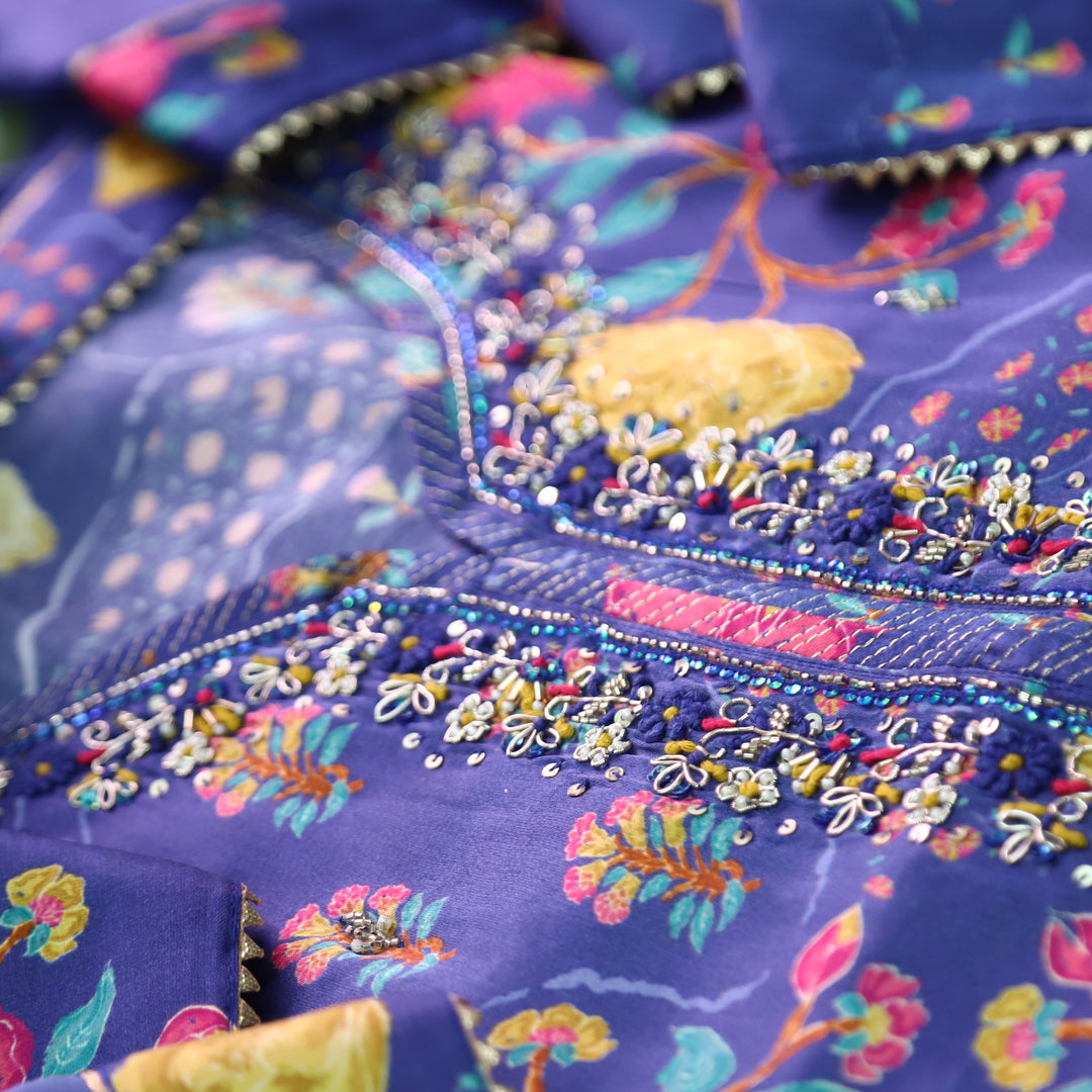 Maya Electric Blue Kardana Embellish Neck Work in Floral Printed Muslin Set