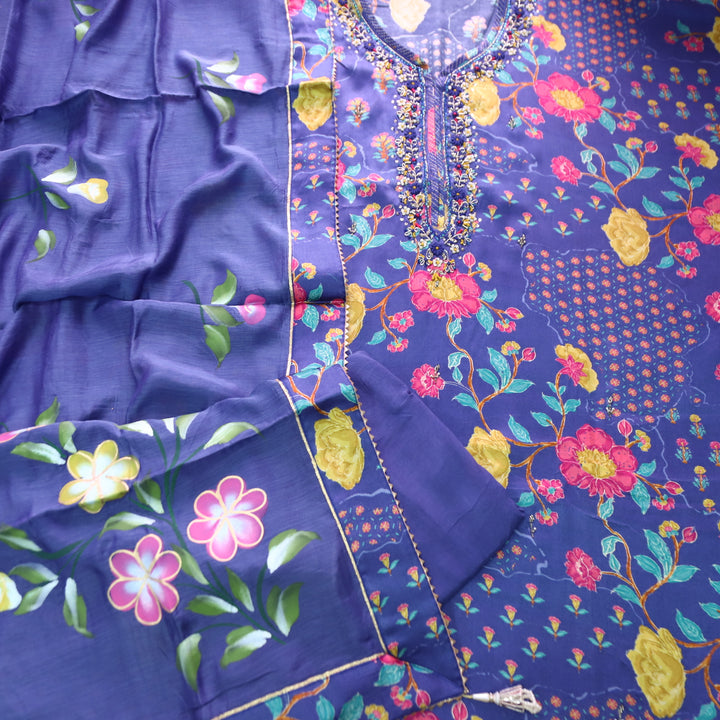 Maya Electric Blue Kardana Embellish Neck Work in Floral Printed Muslin Set